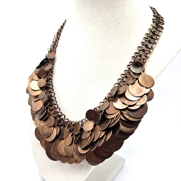 VINTAGE Bronze Tone Metal Disk Chainmail Statement Necklace - Picture 2 of 8